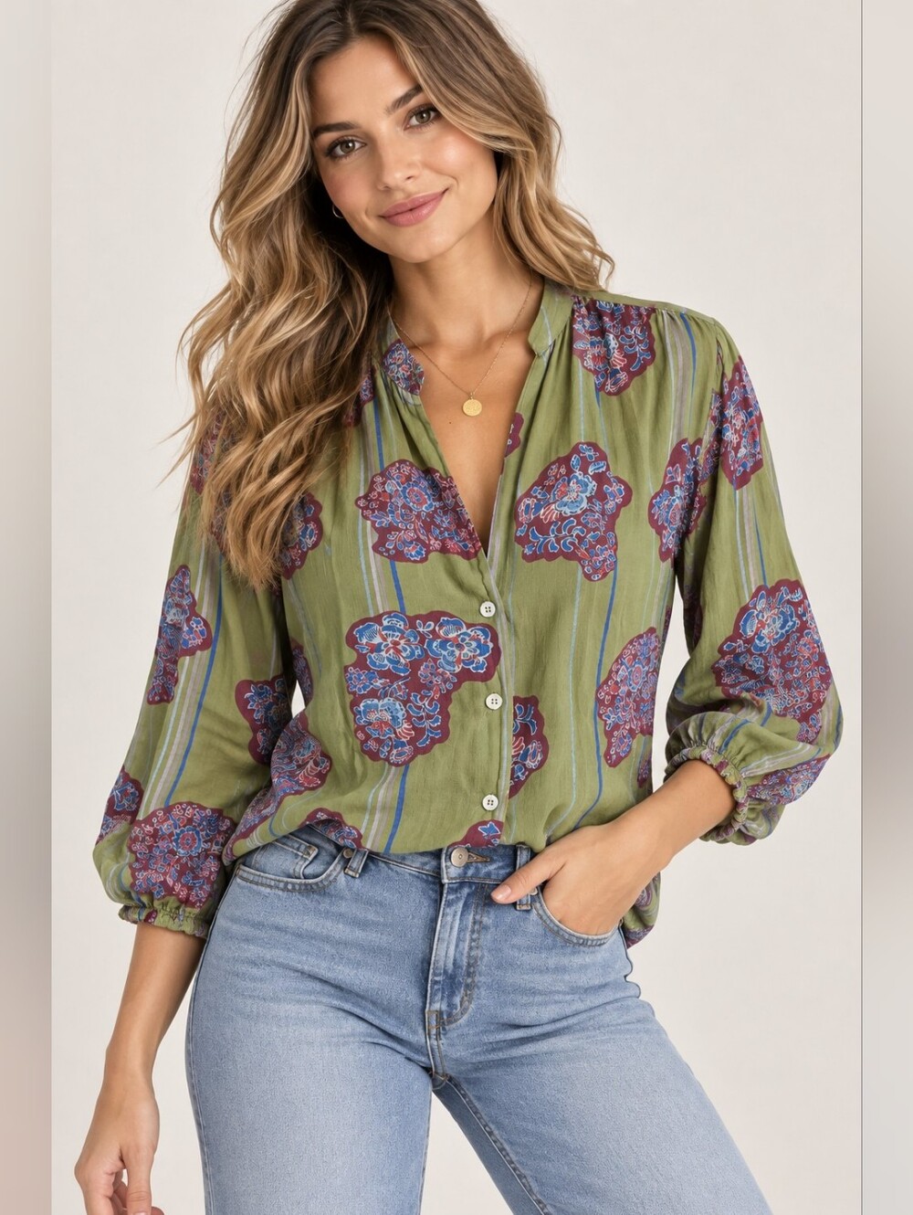 Zara Olive Green Button-Front Floral Boho Blouse